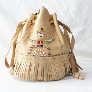 Vgt Native American Beaded Hopi Kachina Medium Leather Bucket Handbag Purse Bag